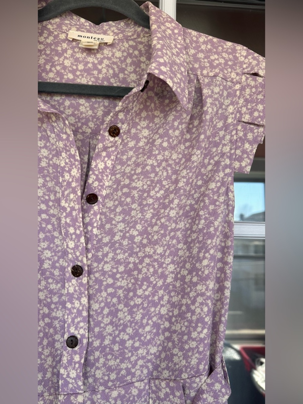 Monteau Georgette Purple Cream Floral Button FrontTie Shirt Midi Dress - size L - Picture 2 of 6